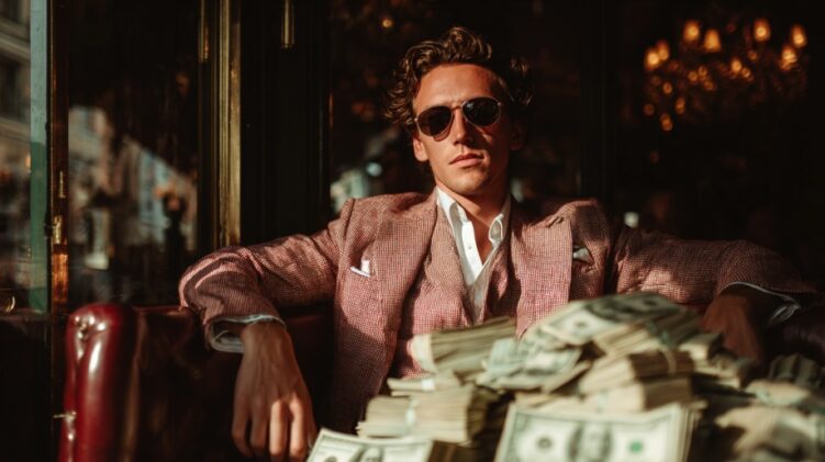 Confident man in a stylish suit and sunglasses sitting with large stacks of cash in front of him