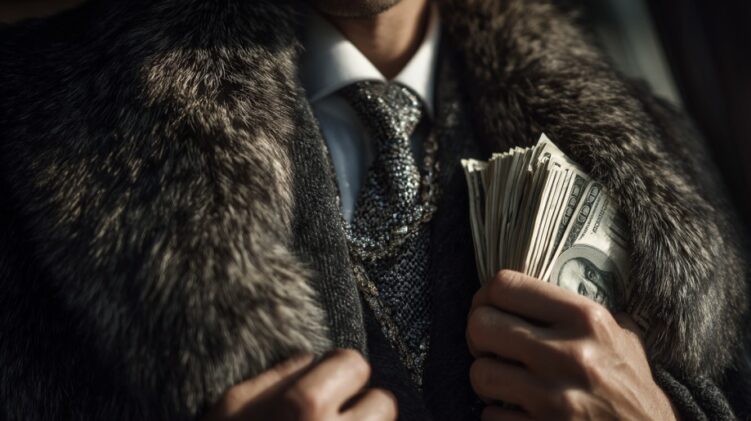 Close-up of a man in a fur coat holding a stack of hundred-dollar bills, dressed in a sparkly tie and white shirt