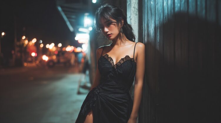 Elegant woman in a black evening dress posing confidently in a dimly lit street at night
