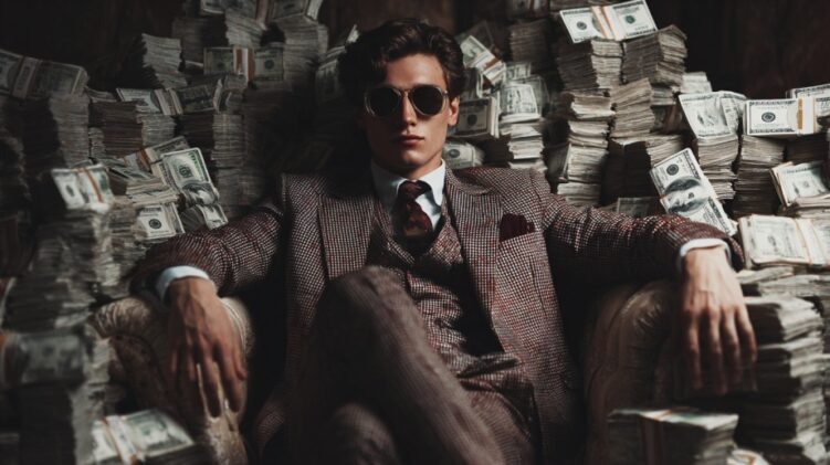 Man in an expensive suit and sunglasses lounging on a chair surrounded by massive stacks of cash