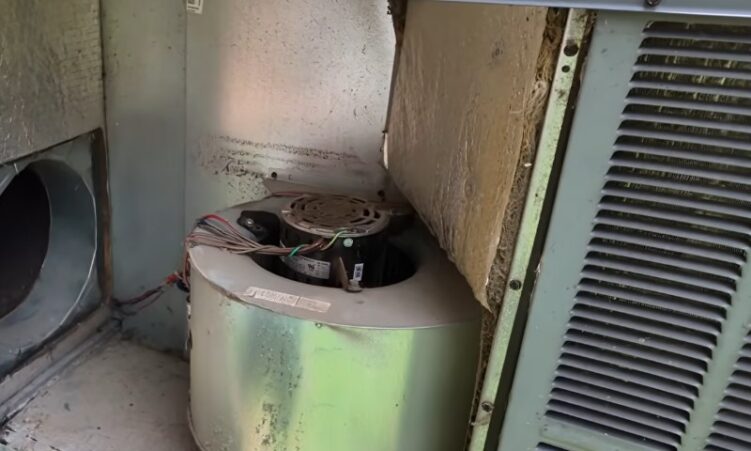 Close-up of an HVAC blower motor assembly inside a metal housing, showing exposed wiring and surrounding ductwork