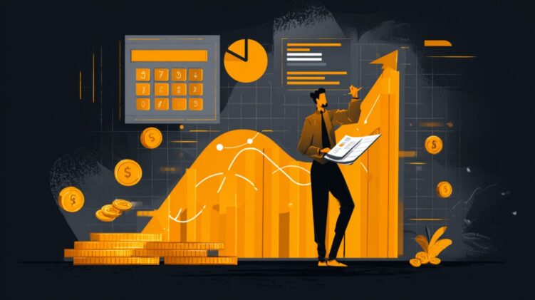 Illustration of a person analyzing financial charts, coins, and rising graphs