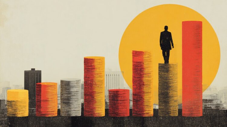 Illustration of stacked coins increasing in height with a person standing on top