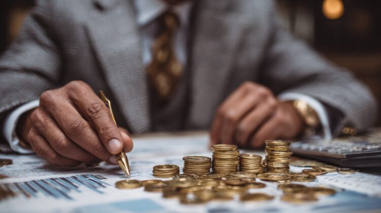 Financial Contingency Planning: Person counting stacked coins while reviewing financial documents
