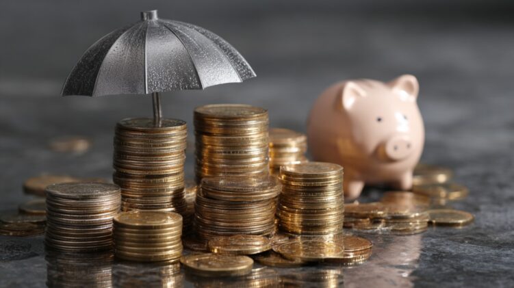 Stacks of coins under an umbrella beside a piggy bank