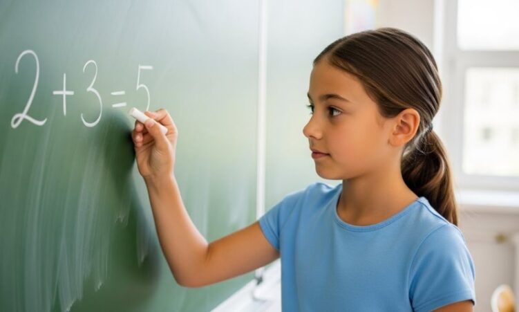A young girl is writing with chalk on a blackboard