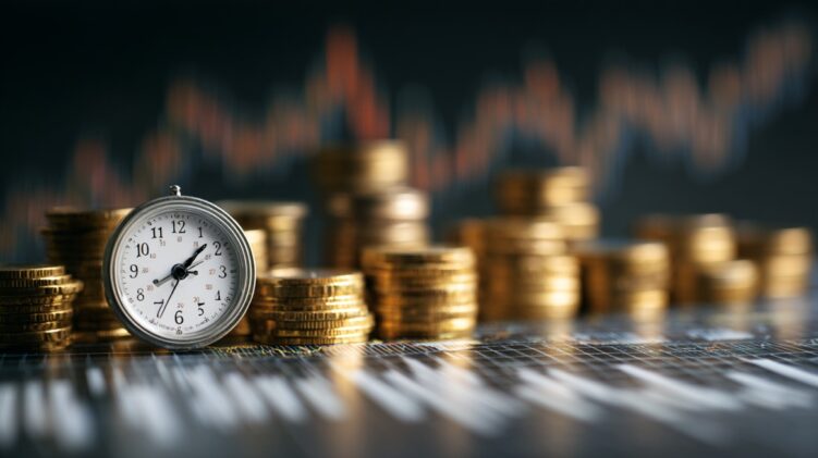 Clock beside stacks of coins with blurred market chart in background