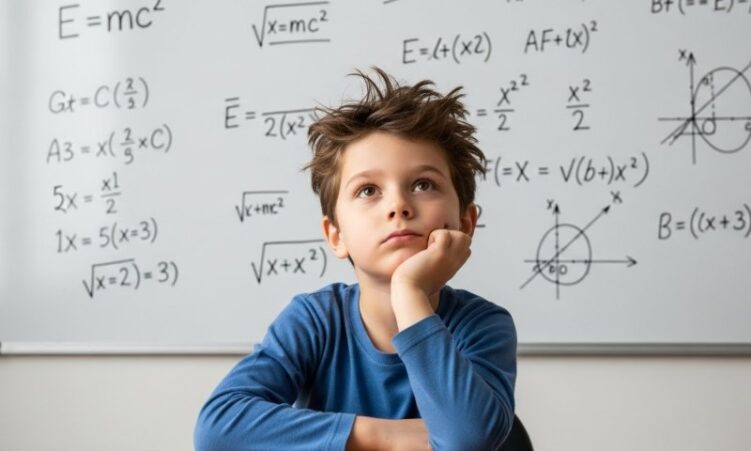 A young boy sits at a desk with a whiteboard behind him