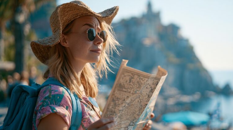 Woman with a backpack holding a map near a seaside town.