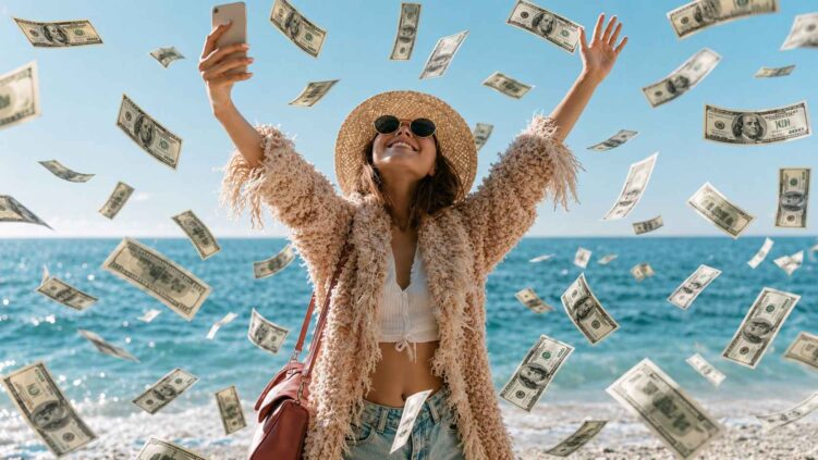 Travel Planning - Smiling woman on a beach surrounded by flying dollar bills.