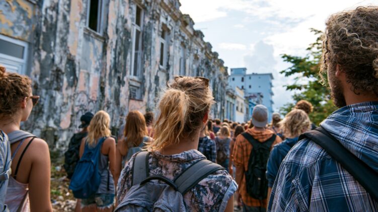Tourists with backpacks walking through an old urban district.