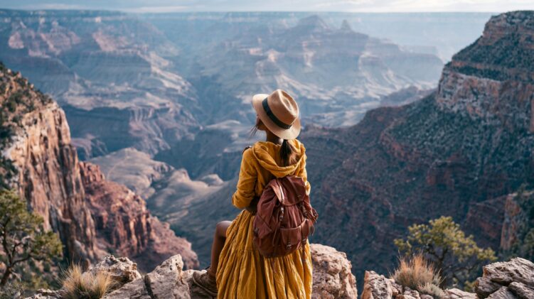 Woman with a backpack sitting above a vast rocky canyon.