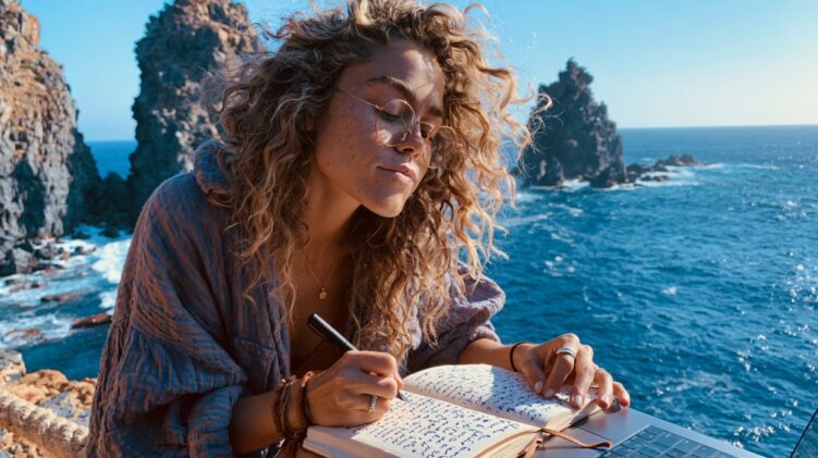 Woman writing in a notebook with a laptop near a rocky coastline.